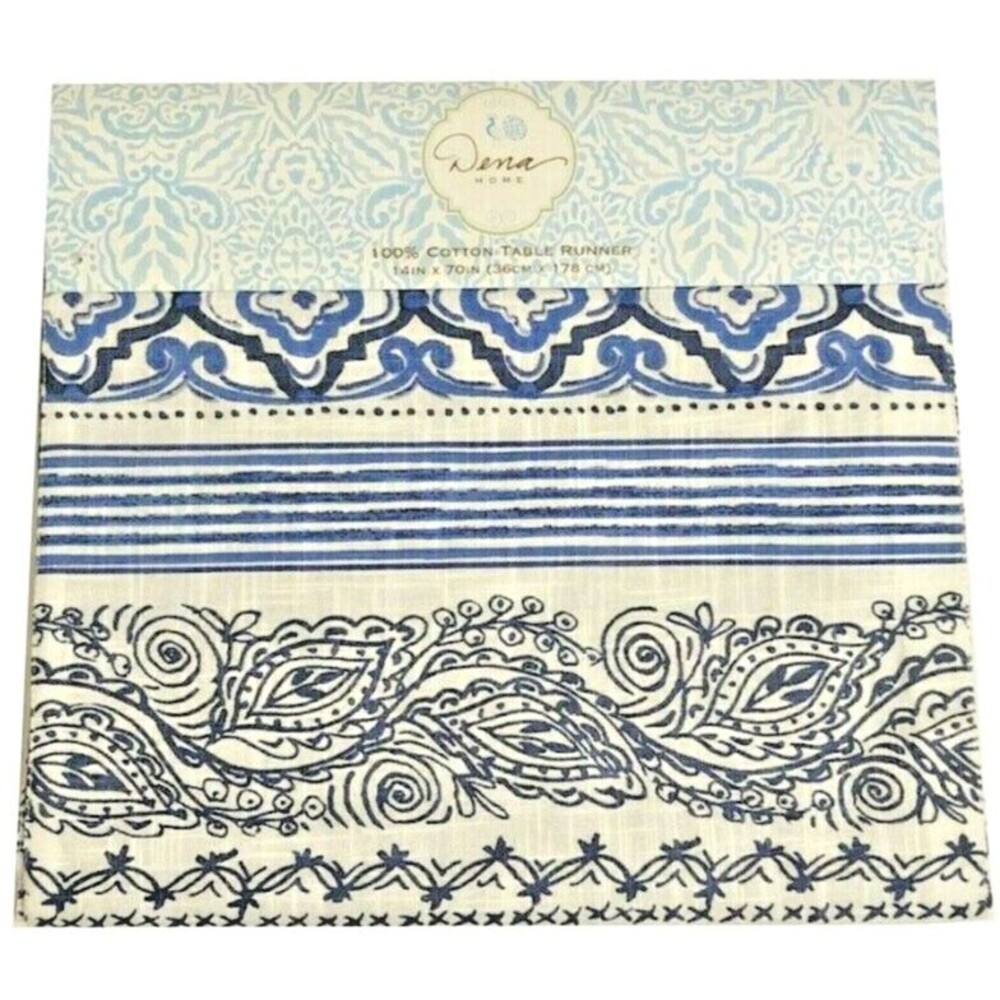 Dena Home Paisley Table Runner Reversible Navy Blue 100% Cotton 14X70"